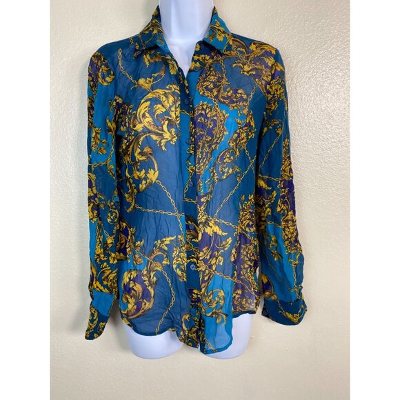 Bebe Mulberry Silk Womens Baroque Print Sheer Button Up Top size XS Long Sleeve - Picture 13 of 13